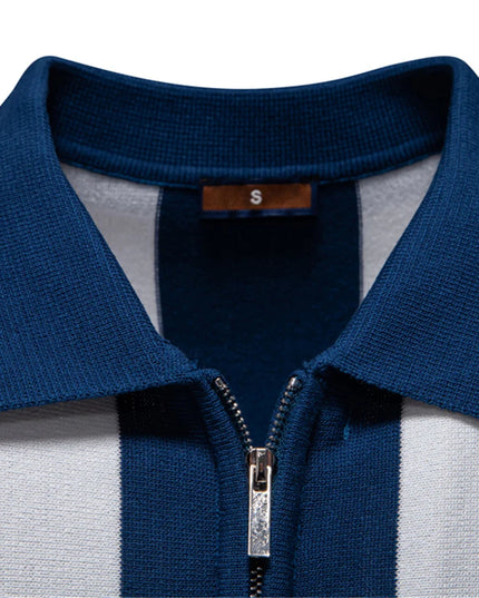 Men's Breathable Striped Polo Shirt - Casual Knit T-Shirt with Zipper Closure