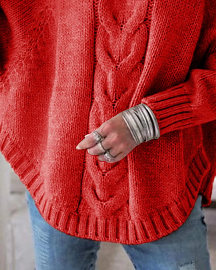 Women's Loose Fit Cable Knit Sweater - High Neck Pullover for Women