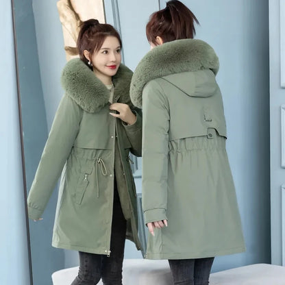 Women's Long Hooded Parka Coat with Wool Lining and Fur Collar - Various Colors