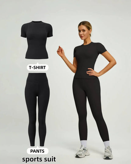 Women's  Short Sleeve Set with High-Waist Yoga Pants and T-Shirt Set