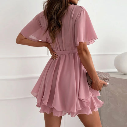 Slim Fit Short Sleeve Chiffon Dress for Women