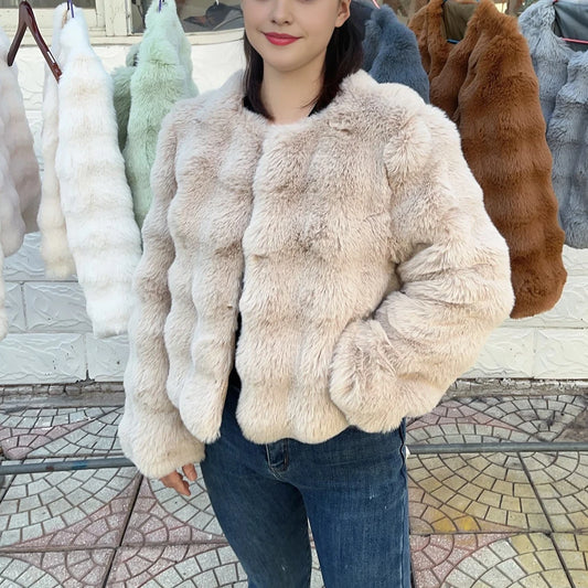 Women's Short Faux Fur Coat – Plush Imitation Fur Jacket