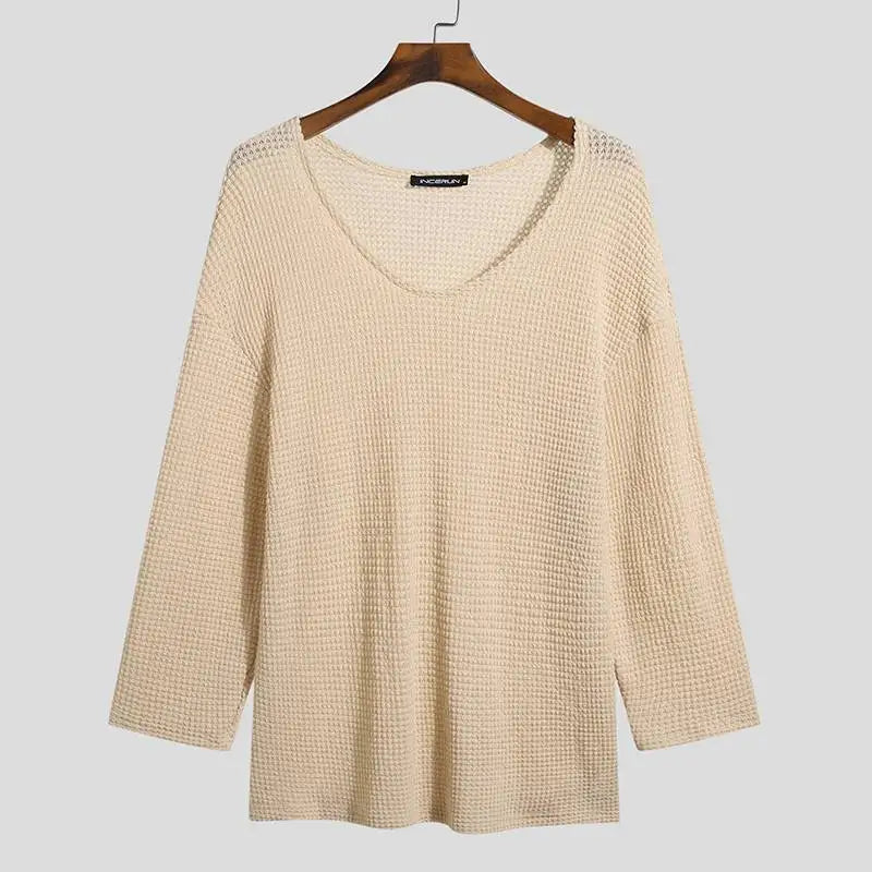 Incerun Men's Knitted V-Neck Long Sleeve Hollow-Out Loose Sweater