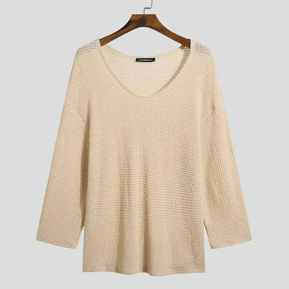Incerun Men's Knitted V-Neck Long Sleeve Hollow-Out Loose Sweater