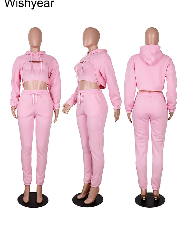 Wisyear Women's 3-Piece Velvet Tracksuit Set - Crop Hoodie, Vest, and Sweatpants Matching Outfit