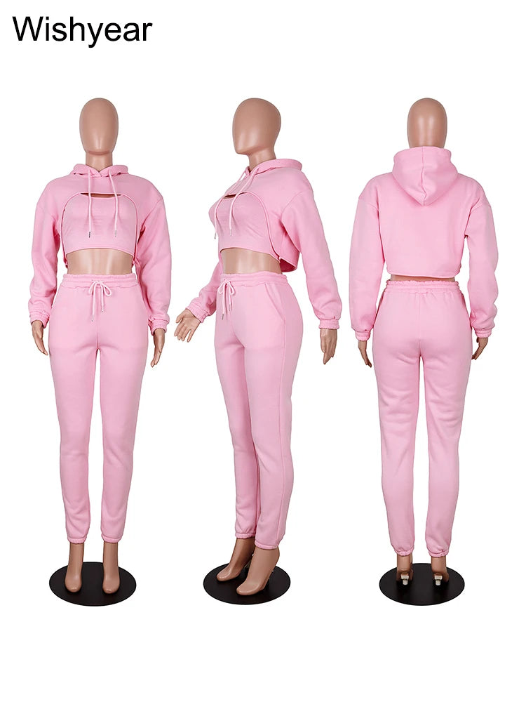 Wisyear Women's 3-Piece Velvet Tracksuit Set - Crop Hoodie, Vest, and Sweatpants Matching Outfit