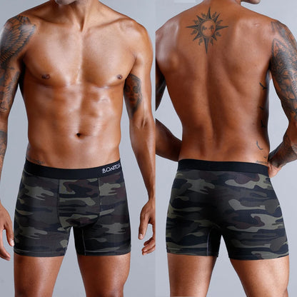 Two views of a person wearing camouflage boxer briefs on a plain background