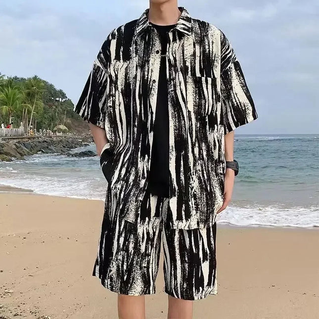 Men's Two-Piece Loose Fit Striped Shirt and Shorts Set