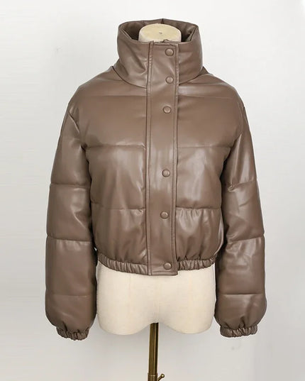 Women's Short PU Leather Parka -  Cotton Padded Down Jacket