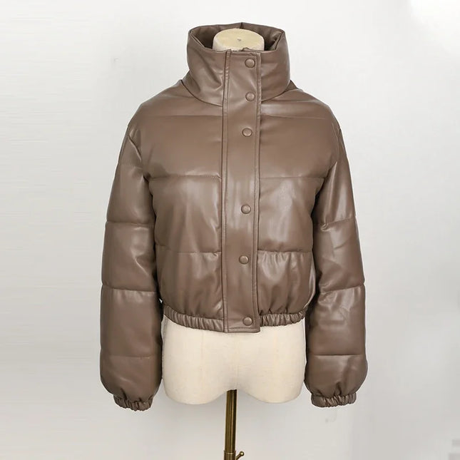 Women's Short PU Leather Parka -  Cotton Padded Down Jacket