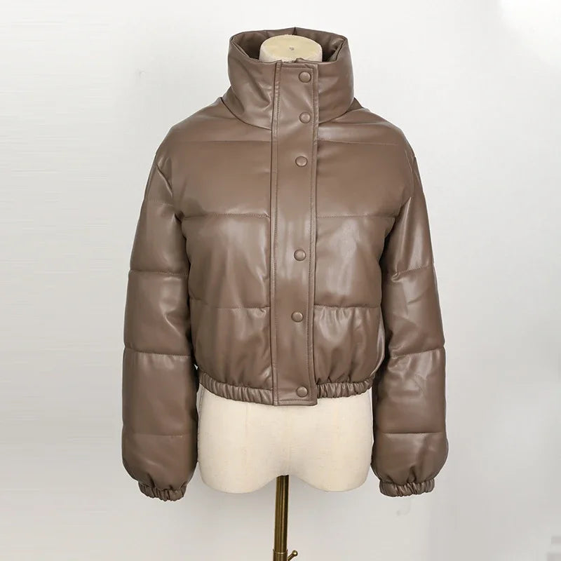 Women's Short PU Leather Parka -  Cotton Padded Down Jacket