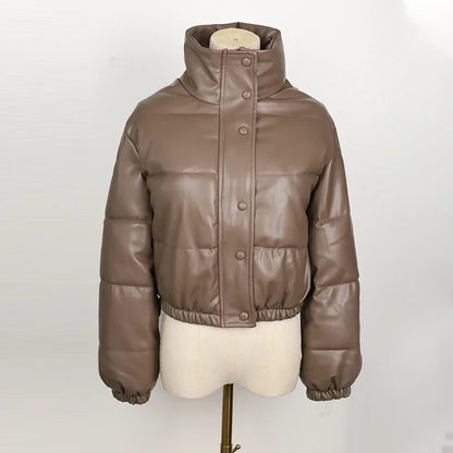 Women's Short PU Leather Parka -  Cotton Padded Down Jacket