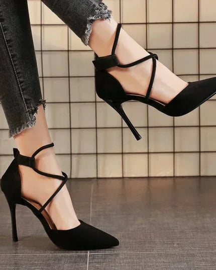 Women's Suede High Heels Roman Sandals with Cross Strap & Buckle Closure