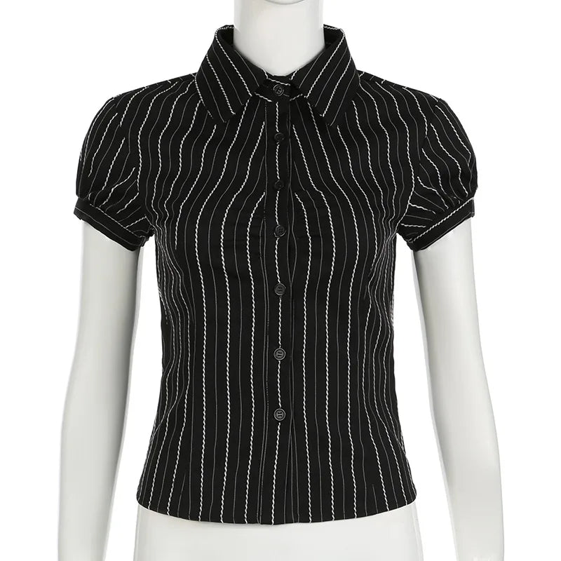 Chic Elegant Striped Button-Up Blouse for Women with Turn-Down Collar