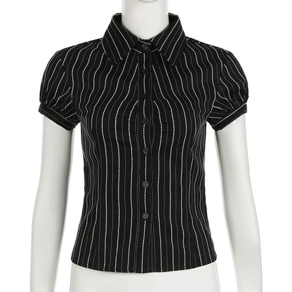 Chic Elegant Striped Button-Up Blouse for Women with Turn-Down Collar