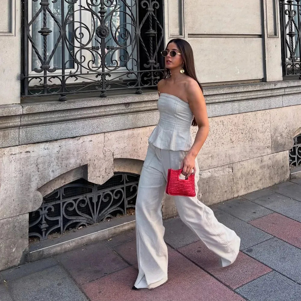 Women's Two-Piece Set: Sleeveless Tube Top & High-Waist Wide Leg Pants