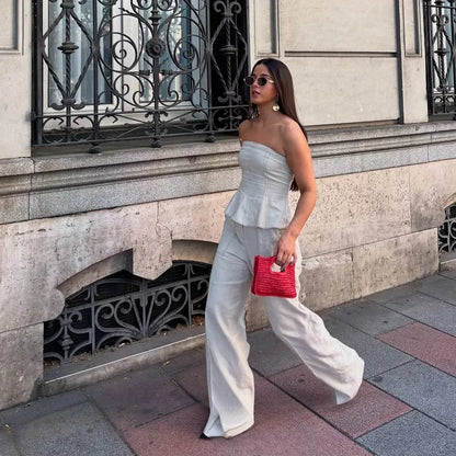 Women's Two-Piece Set: Sleeveless Tube Top & High-Waist Wide Leg Pants