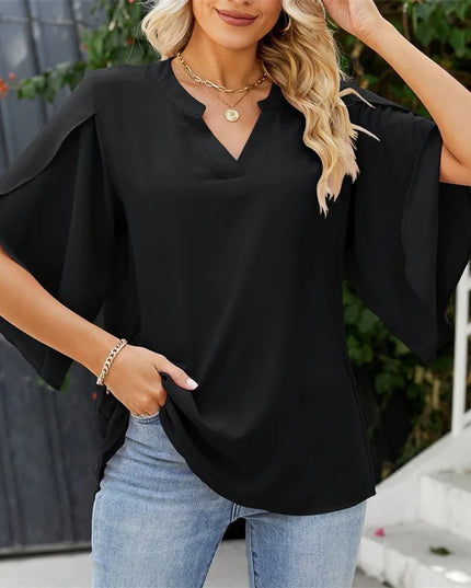 Women's Chiffon Blouse with Flare Sleeves - V-Neck Loose Fit