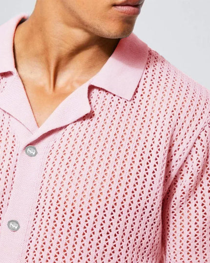 Men's Casual Knitted Shirt with Lapel - Hollow-Out Design - Button Closure
