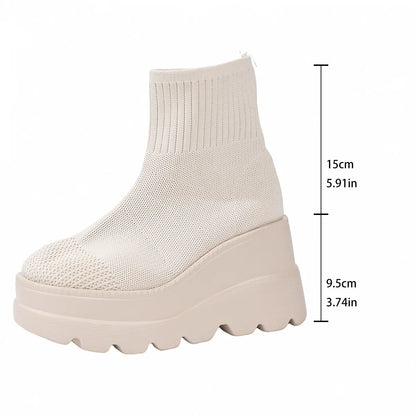 Women's Wedge High Heels - Breathable Weaving Elastic Short Boots with Thick Sole