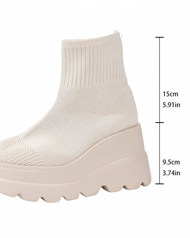 Women's Wedge High Heels - Breathable Weaving Elastic Short Boots with Thick Sole