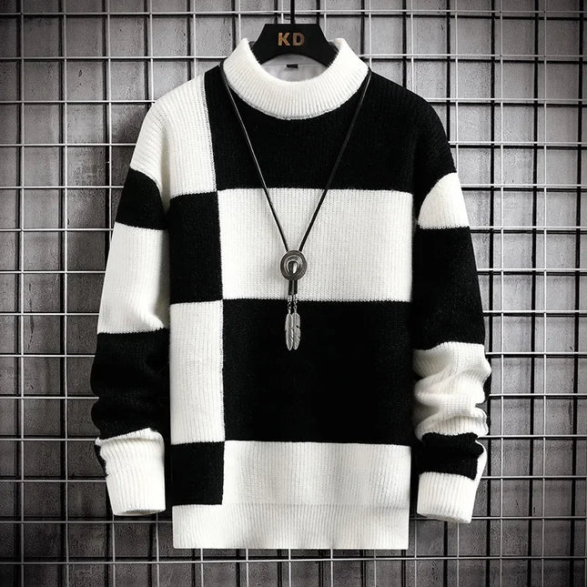 Men's Casual Patchwork Knitted Plaid Sweater with Round Neck - Stylish Block Design