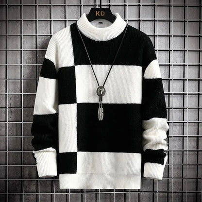 Men's Casual Patchwork Knitted Plaid Sweater with Round Neck - Stylish Block Design