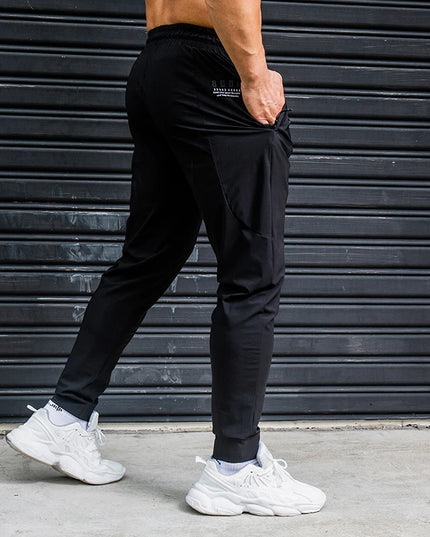 Men's Ice Silk Elastic Breathable Running Pants with Stripes, Quick-Dry, Zip Pocket Sweatpants