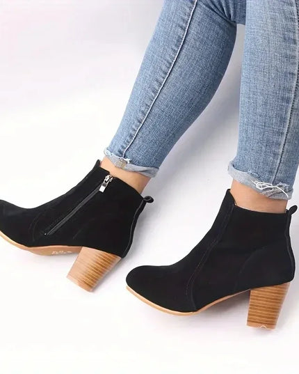 Women's Chunky Heel Ankle Boots with Zip Closure