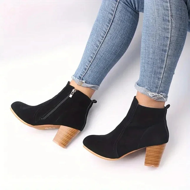 Women's Chunky Heel Ankle Boots with Zip Closure
