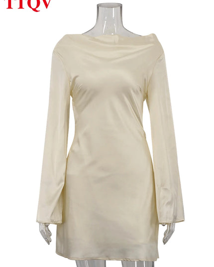 TTQV Women’s Loose Faux Satin Mini Dress - Elegant, Classic, Backless Design