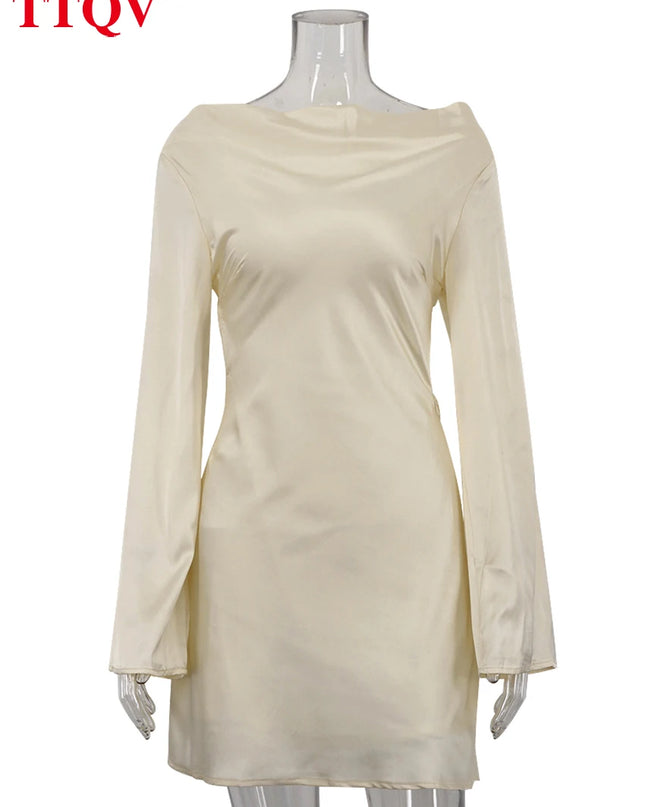 TTQV Women’s Loose Faux Satin Mini Dress - Elegant, Classic, Backless Design