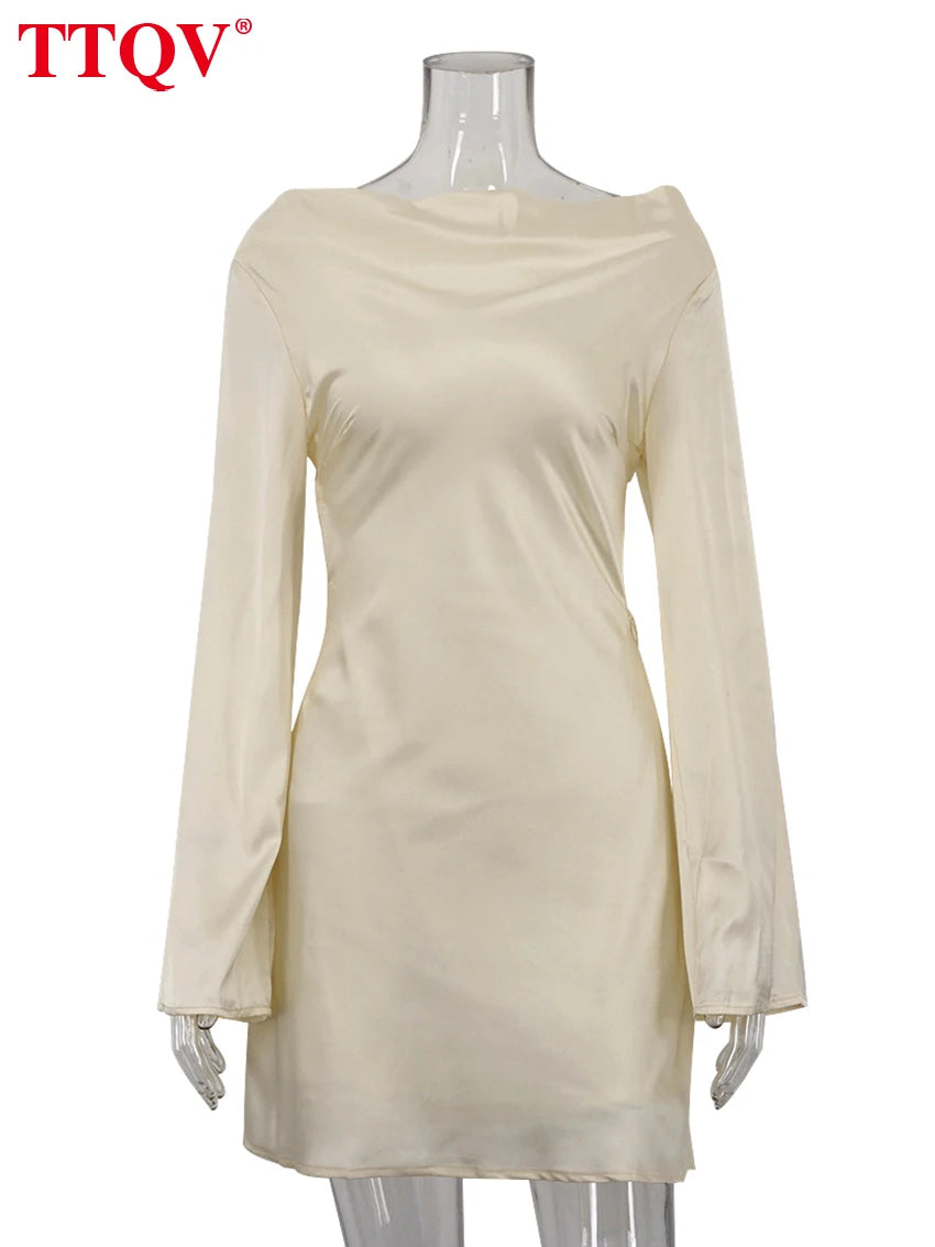 TTQV Women’s Loose Faux Satin Mini Dress - Elegant, Classic, Backless Design