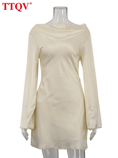 TTQV Women’s Loose Faux Satin Mini Dress - Elegant, Classic, Backless Design