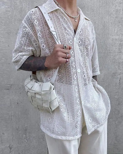Men's Breathable Mesh See-Through Button-Down Shirt - Stylish & Lightweight Summer Top