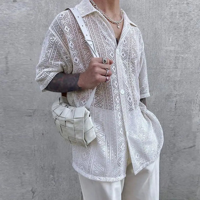 Men's Breathable Mesh See-Through Button-Down Shirt - Stylish & Lightweight Summer Top