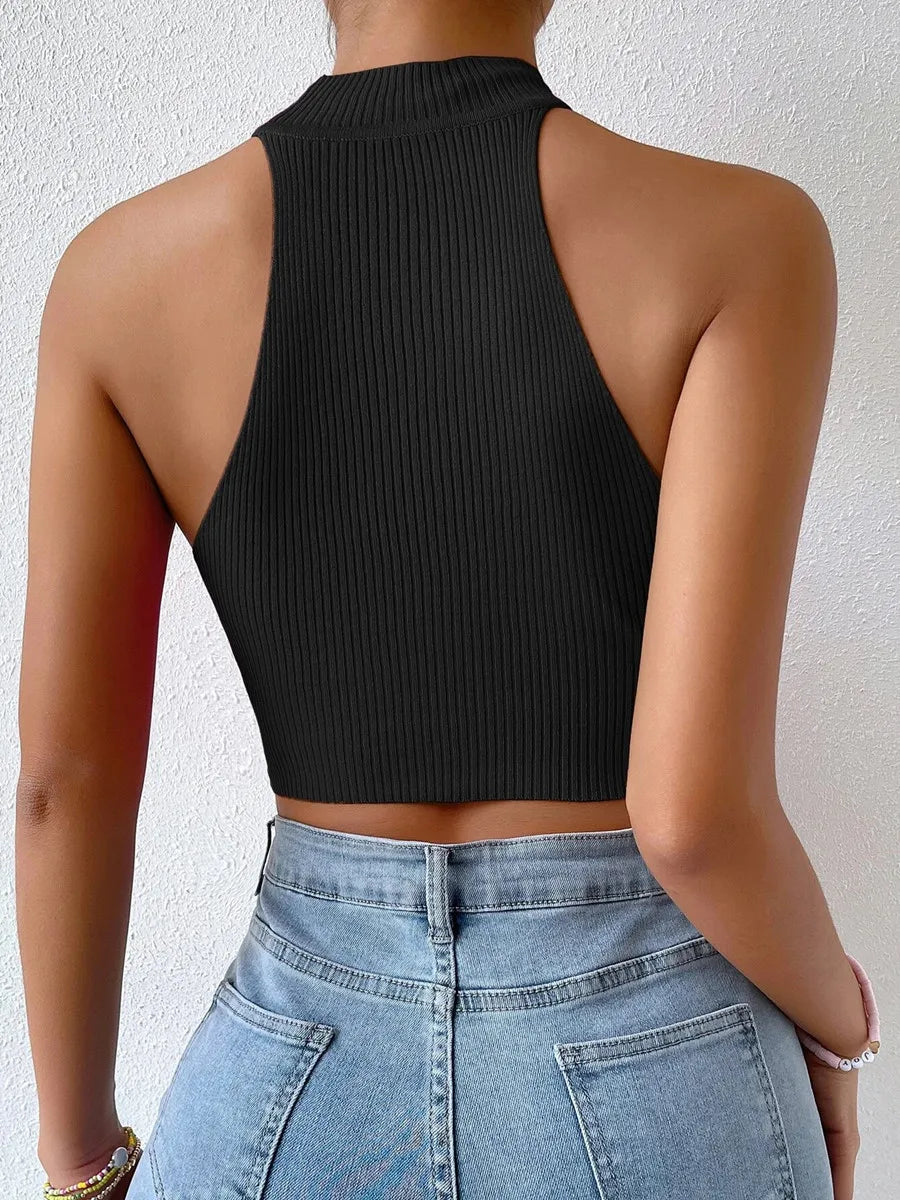 Women's Casual Ribbed Knit Halter Crop Top
