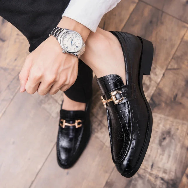 Metal Buckle Loafers Men's   Patent Leather Pointed-Toe Shoes Men's Loafers Slip-On