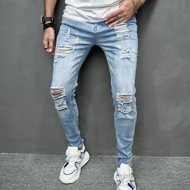 Men's Casual Skinny Ripped Denim Jeans - Stylish Slim Fit Trousers
