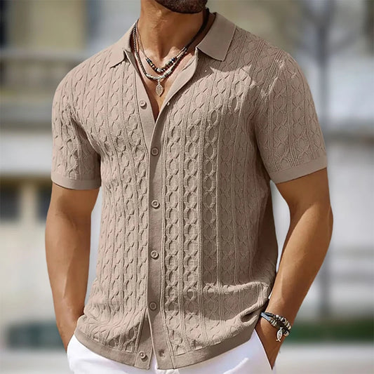 Men's Single-Breasted Knitted Polo Shirt  - Stripe Jacquard Design