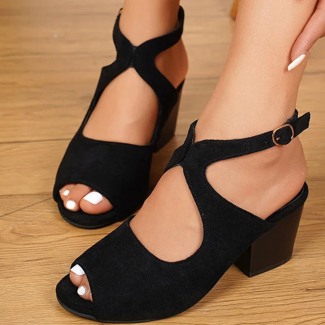 Women's Ankle Wrap Flock Sandals with Cross Straps, Thick Sole, Square Heel, and Non-Slip