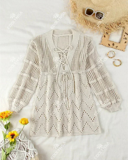 Women's Knit Mini Dress with Hollow-Out Lantern Sleeves