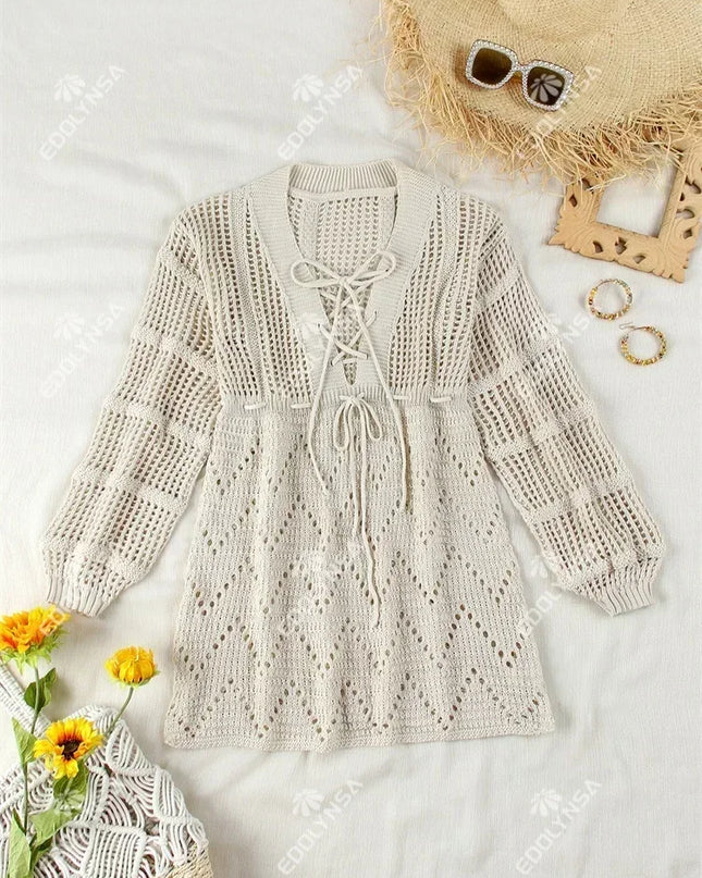 Women's Knit Mini Dress with Hollow-Out Lantern Sleeves