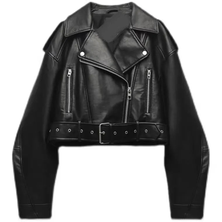 Women's Faux Leather Jacket - Long Sleeve Zip-Up Coat