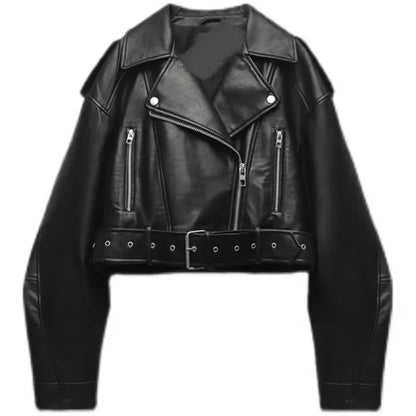 Women's Faux Leather Jacket - Long Sleeve Zip-Up Coat