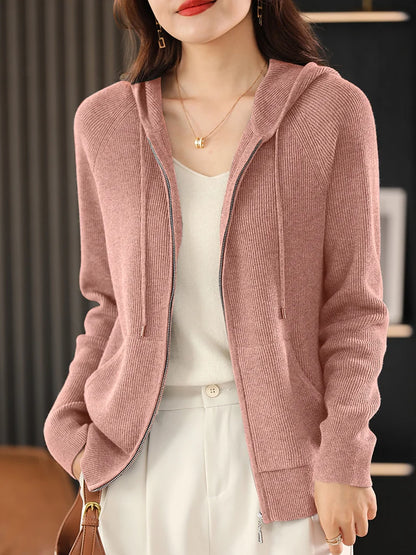 Women's Wool Blend Hoodie Sweater - Thick Knitted Zipper Cardigan with Hood
