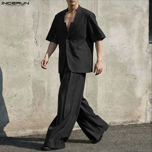 INCERUN Men's Two-Piece V-Neck Short Sleeve Blazer & Pants Set