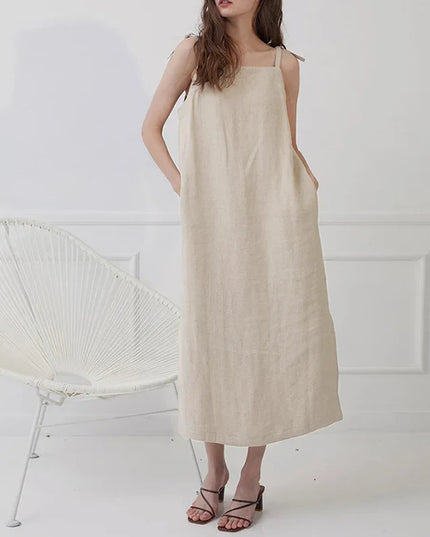 Linen Women's Dress - Elegant Split Midi Dress for Women