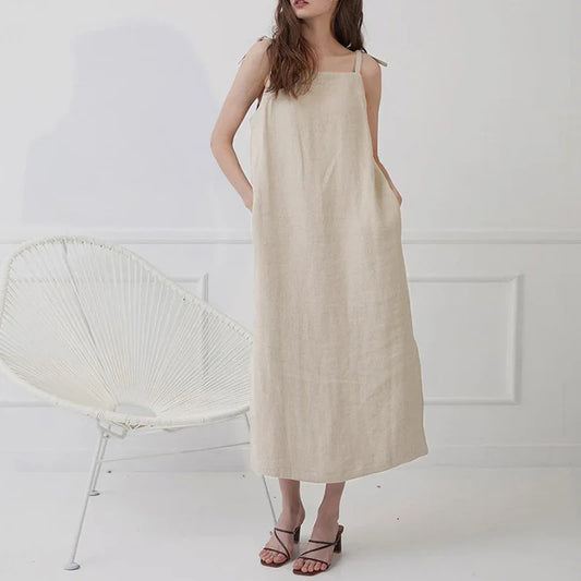 Linen Women's Dress - Elegant Split Midi Dress for Women
