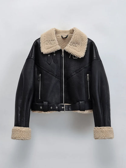 Women's Faux Leather Fur Short Jacket with Belt